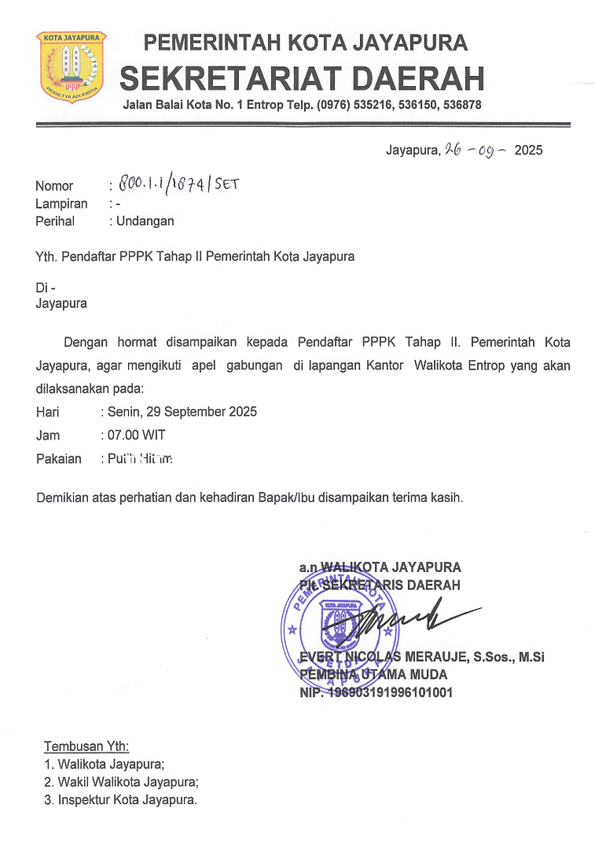 UNDANGAN APEL PENDAFTAR PPPK TAHAP 2  DI LINGKUNGAN PEMERINTAH KOTA JAYAPURA